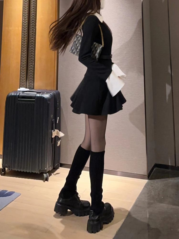 Black Long Sleeve Faux Two-Piece Knitted Dress for Women with Waist Design, A-Line Short Skirt, Autumn Winter 2025 Fashion Black Long Sleeve Faux Two-Piece Knitted Dress for Women with Waist Design, A-Line Short Skirt, Autumn Winter 2025 Fashion
