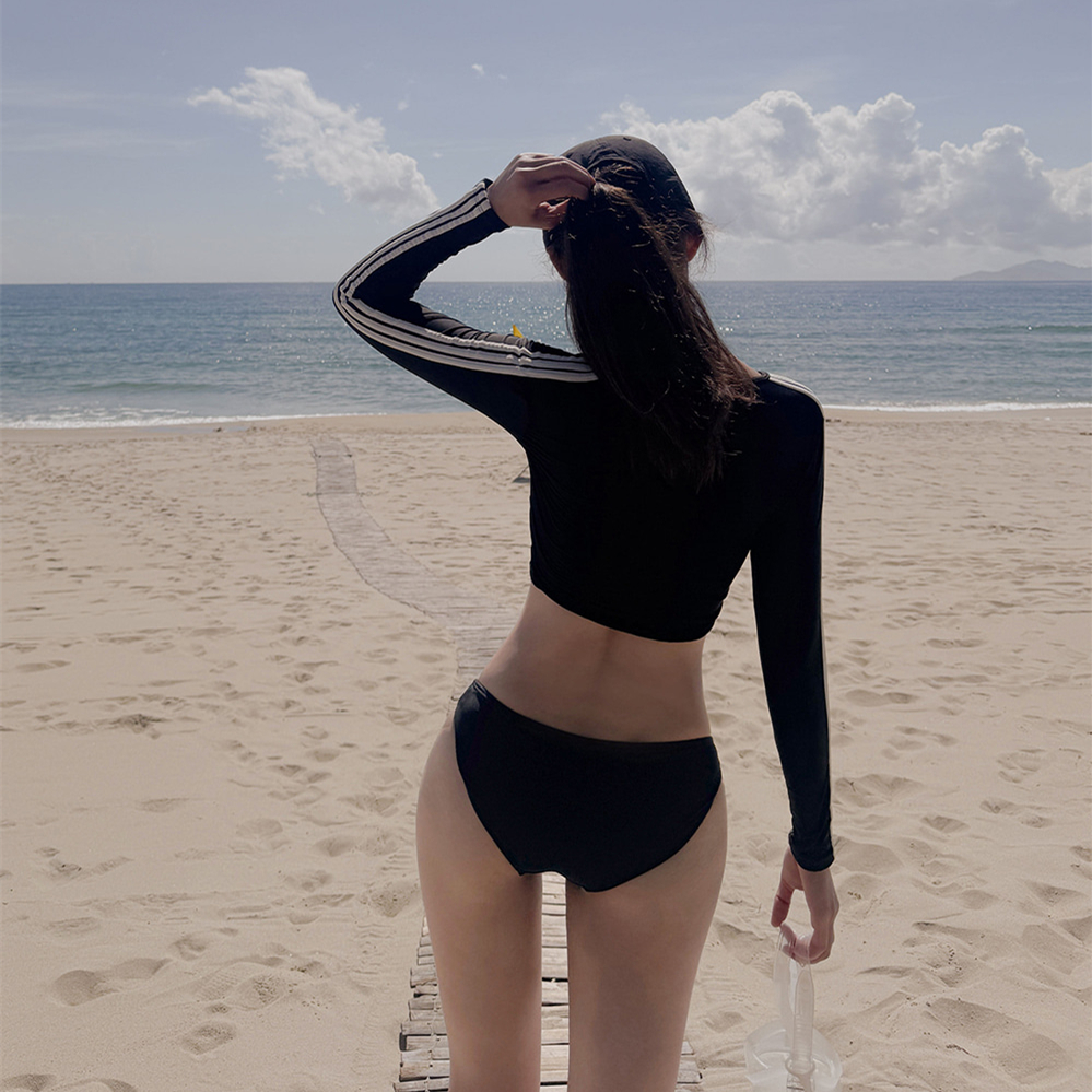 Black Long Sleeve Swimsuit for Women - Sexy Surfing Split Bikini with Slimming Design, Beach Vacation & Sun Protection Swimwear