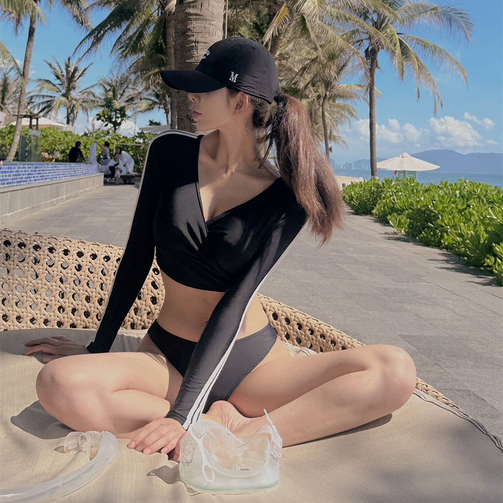 Black Long Sleeve Swimsuit for Women - Sexy Surfing Split Bikini with Slimming Design, Beach Vacation & Sun Protection Swimwear