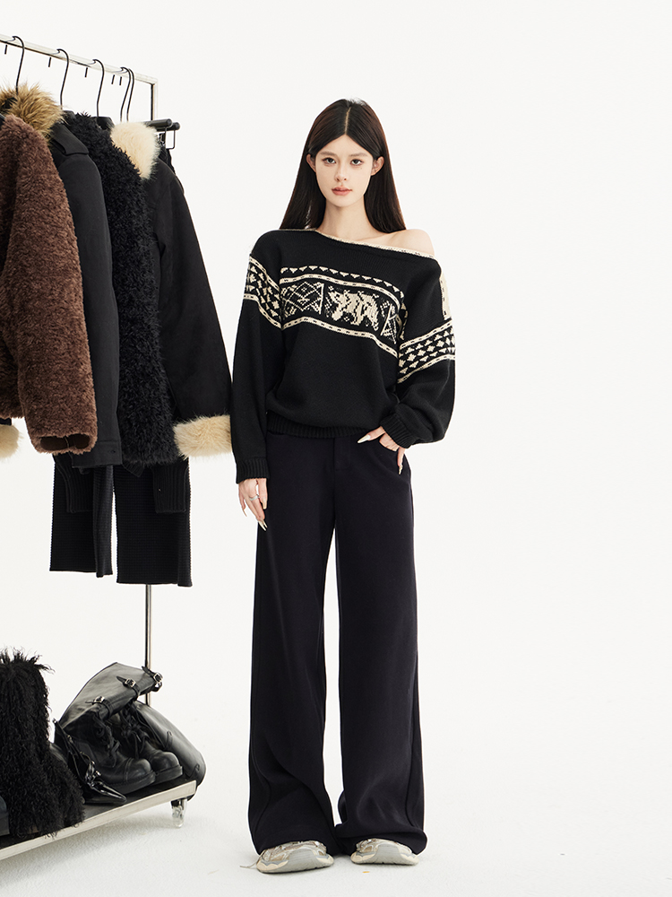 Black Off-Shoulder Loose Slimming Vintage Fair Isle Snowflake Sweater for Autumn/Winter Fashion, Y2K Style Black Off-Shoulder Loose Slimming Vintage Fair Isle Snowflake Sweater for Autumn/Winter Fashion, Y2K Style