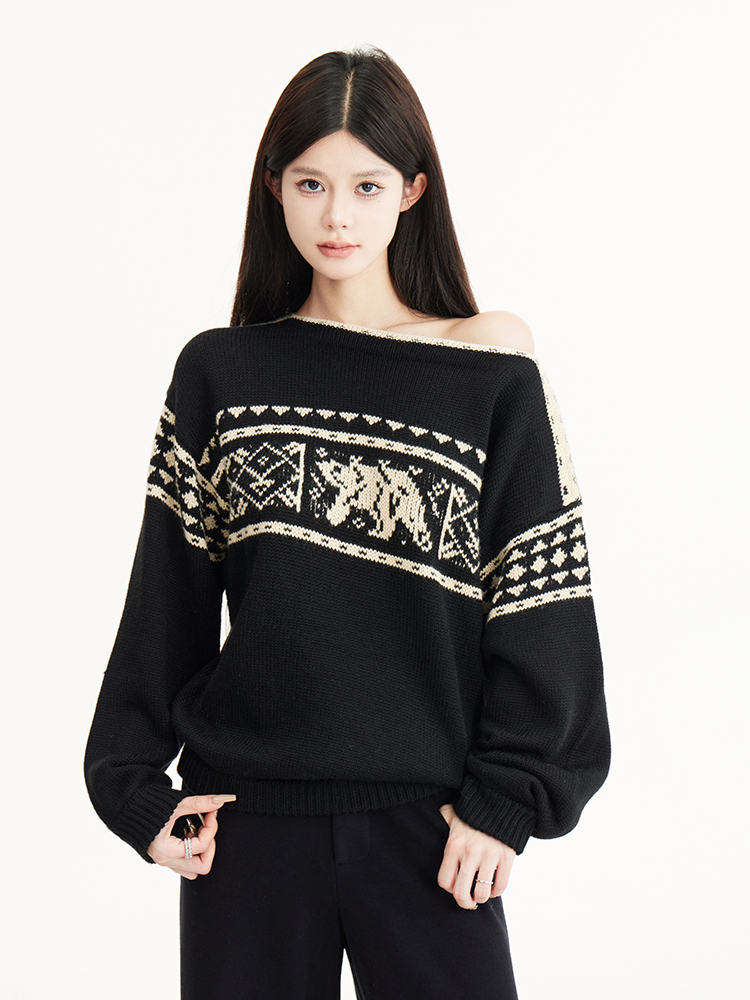 Black Off-Shoulder Loose Slimming Vintage Fair Isle Snowflake Sweater for Autumn/Winter Fashion, Y2K Style