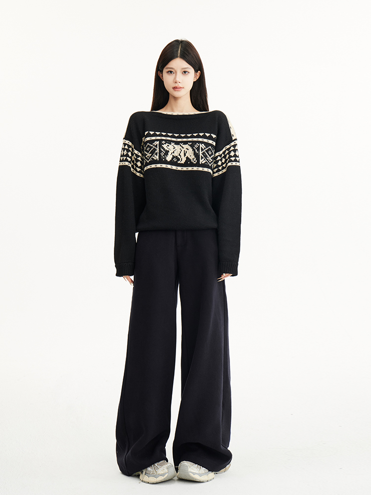 Black Off-Shoulder Loose Slimming Vintage Fair Isle Snowflake Sweater for Autumn/Winter Fashion, Y2K Style Black Off-Shoulder Loose Slimming Vintage Fair Isle Snowflake Sweater for Autumn/Winter Fashion, Y2K Style