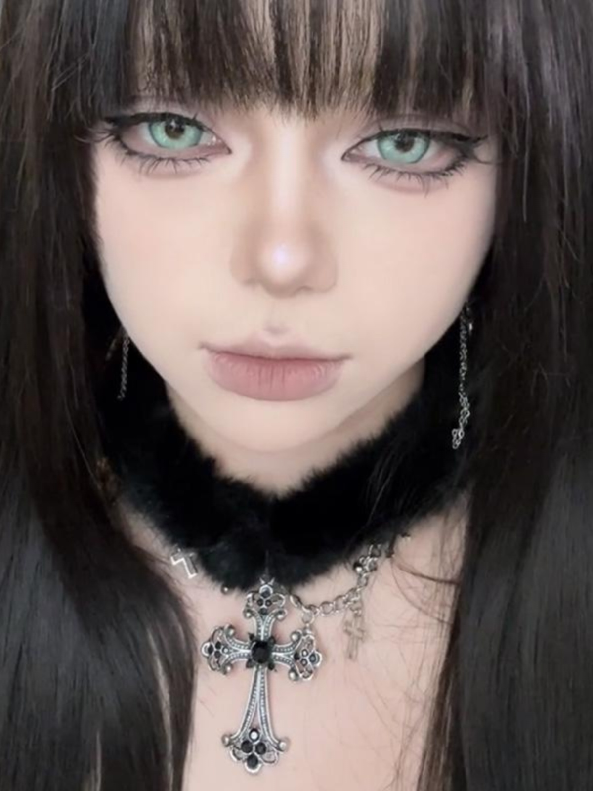 Black Plush Y2K Gothic Cross Necklace Choker - Dark Sweet Cool Subculture Neck Chain for Girls, Collarbone Style