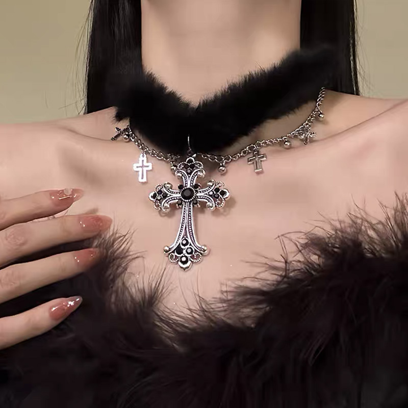 Black Plush Y2K Gothic Cross Necklace Choker - Dark Sweet Cool Subculture Neck Chain for Girls, Collarbone Style