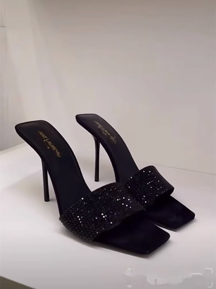 Black Rhinestone Open-Toe High-Heeled Sandals for Women, Square Toe, Thin Heel, Sexy One-Strap Design, Summer 2025 Fashion Black Rhinestone Open-Toe High-Heeled Sandals for Women, Square Toe, Thin Heel, Sexy One-Strap Design, Summer 2025 Fashion