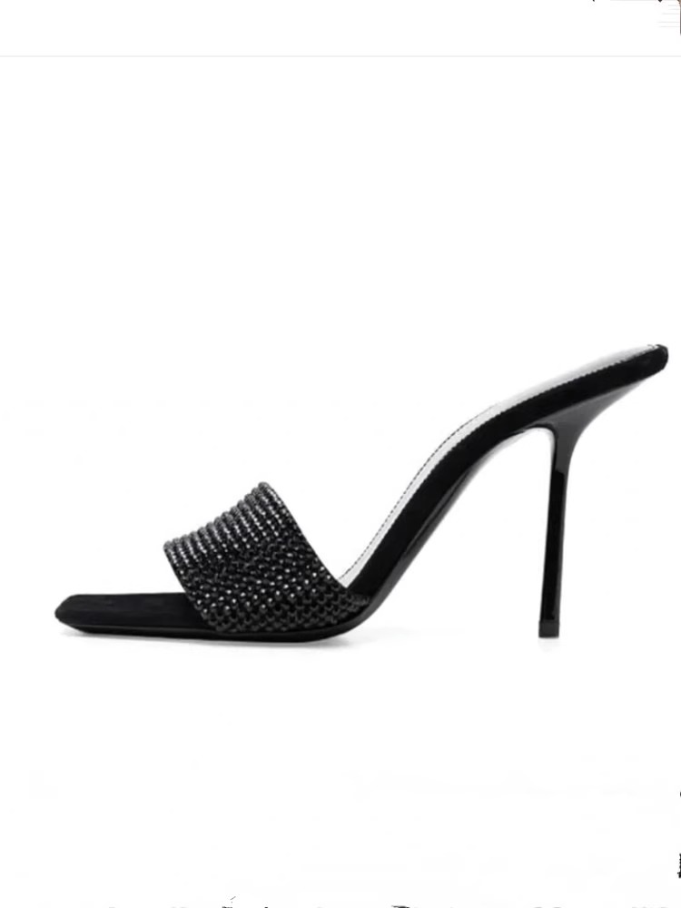 Black Rhinestone Open-Toe High-Heeled Sandals for Women, Square Toe, Thin Heel, Sexy One-Strap Design, Summer 2025 Fashion Black Rhinestone Open-Toe High-Heeled Sandals for Women, Square Toe, Thin Heel, Sexy One-Strap Design, Summer 2025 Fashion