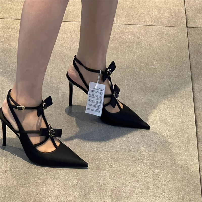 Black Satin High-Heeled Sandals for Women, Pointed Toe, Thin Heel, One-Strap Buckle, Sexy Spring Summer 2025 Style