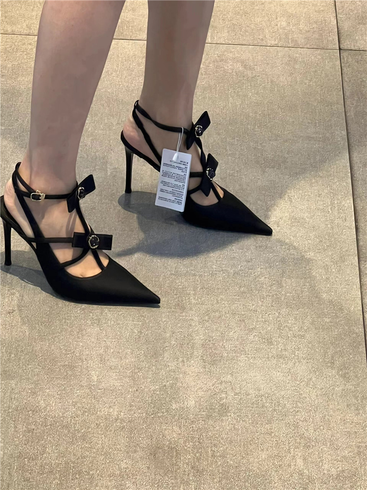 Black Satin High-Heeled Sandals for Women, Pointed Toe, Thin Heel, One-Strap Buckle, Sexy Spring Summer 2025 Style