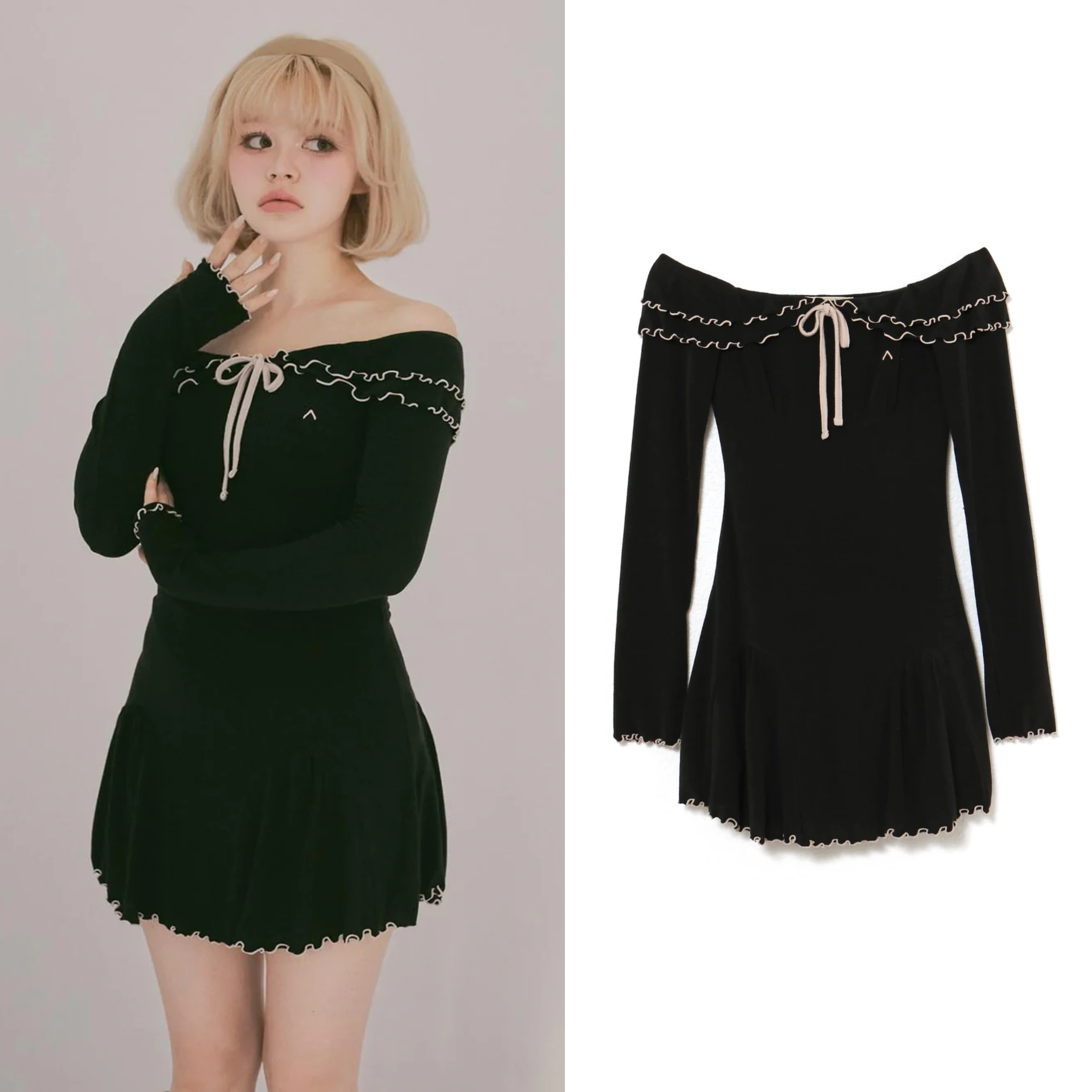 Black Slim-Fit One-Shoulder Ruffled Lace-Up Dress with Color-Blocking - Spring/Summer 2025 Fashion