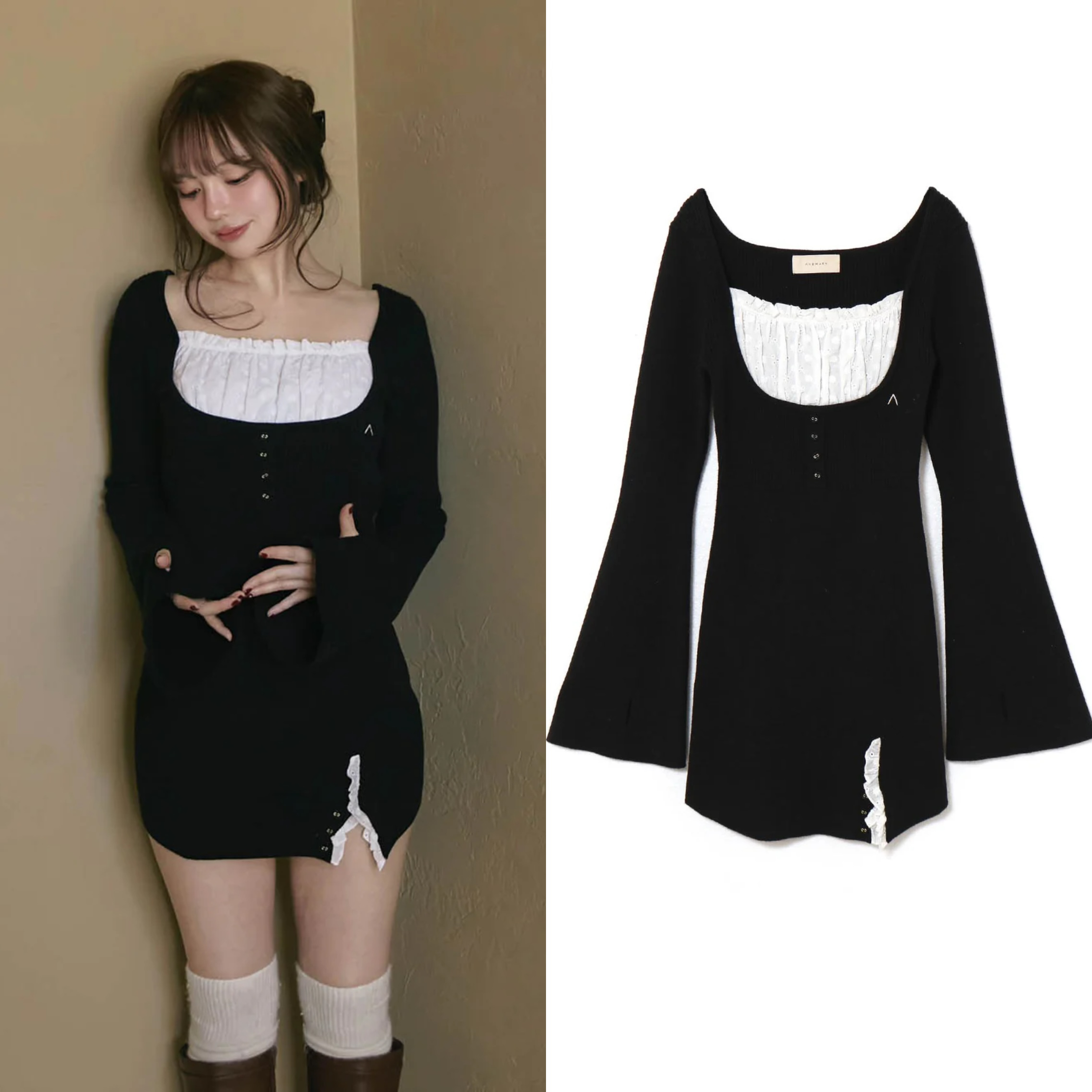 Black Spliced Low Round Neck Long Sleeve Dress with Slit - Slim Fit Short Skirt, Perfect for Early Spring, Y2K Style