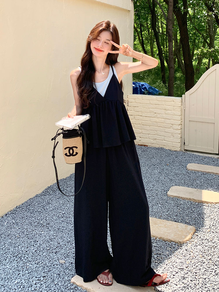 Black Two-Piece Camisole and Wide-Leg Pants Set for Women - Trendy Summer 2025 Casual Outfit, Sweet and Cool Style