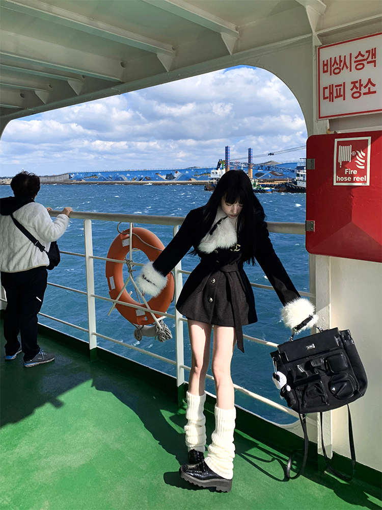 Black Waist-Defined Woolen Coat and High-Waisted Straight Shorts Two-Piece Set for Women - Hepburn Style Fashion