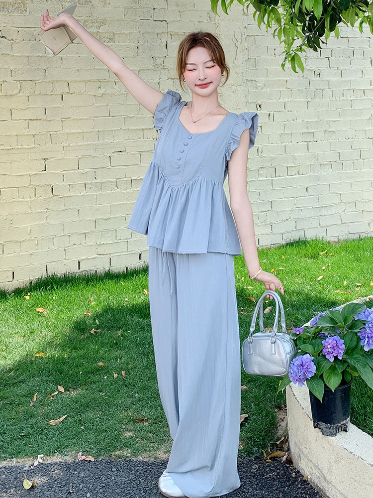 Blue Doll Shirt with Flying Sleeves and Wide-Leg Pants Set for Women - 2025 Summer Korean Style, Age-Reducing, Petite Fit Two-Piece Outfit Blue Doll Shirt with Flying Sleeves and Wide-Leg Pants Set for Women - 2025 Summer Korean Style, Age-Reducing, Petite Fit Two-Piece Outfit