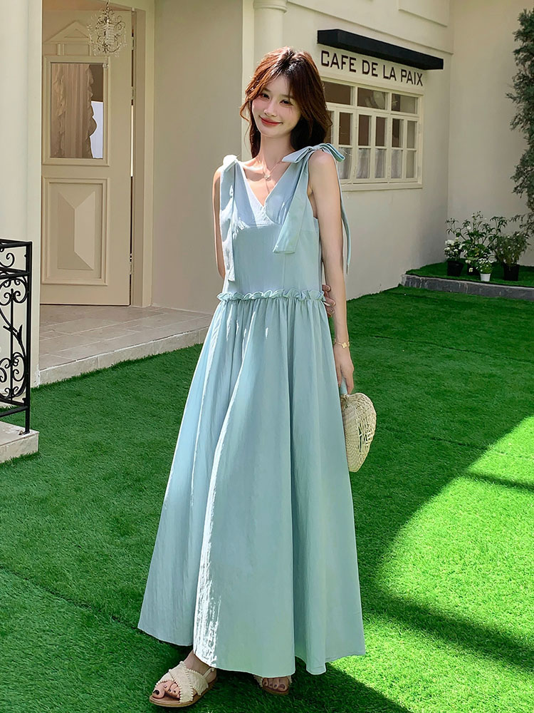Blue Flowing Ribbon V-Neck Sleeveless Dress for Women - 2025 Summer French Style Goddess Waist-Cinching Long Dress