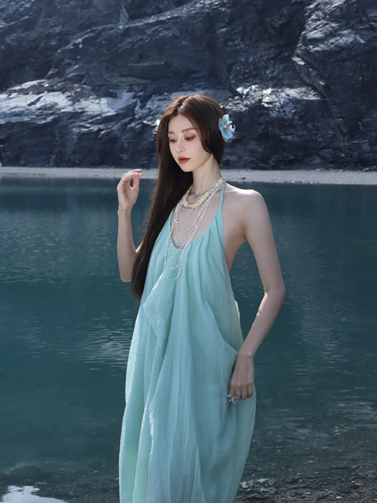 Blue Halter Backless Dress - Ethereal Beach Style for Seaside Vacations, Perfect for Summer 90s and Y2K Fashion Blue Halter Backless Dress - Ethereal Beach Style for Seaside Vacations, Perfect for Summer 90s and Y2K Fashion