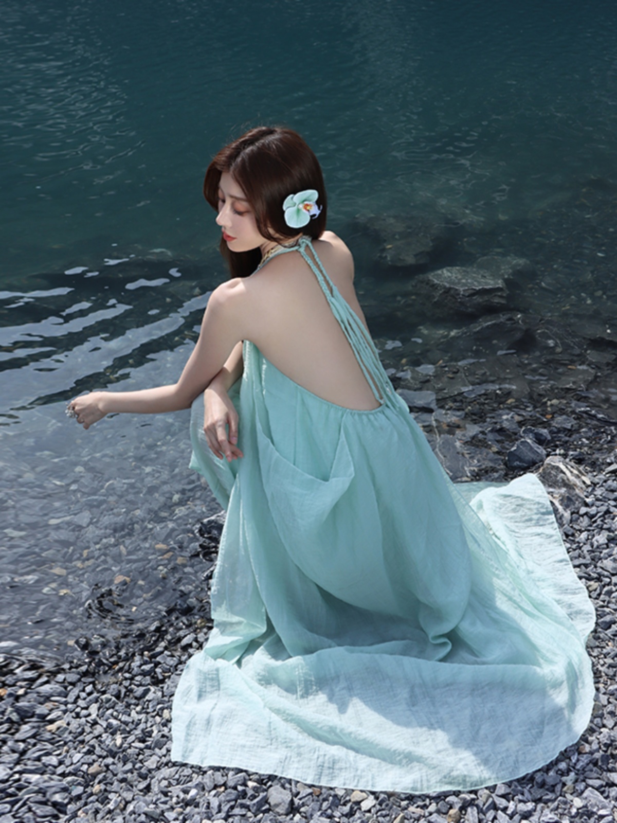 Blue Halter Backless Dress - Ethereal Beach Style for Seaside Vacations, Perfect for Summer 90s and Y2K Fashion Blue Halter Backless Dress - Ethereal Beach Style for Seaside Vacations, Perfect for Summer 90s and Y2K Fashion