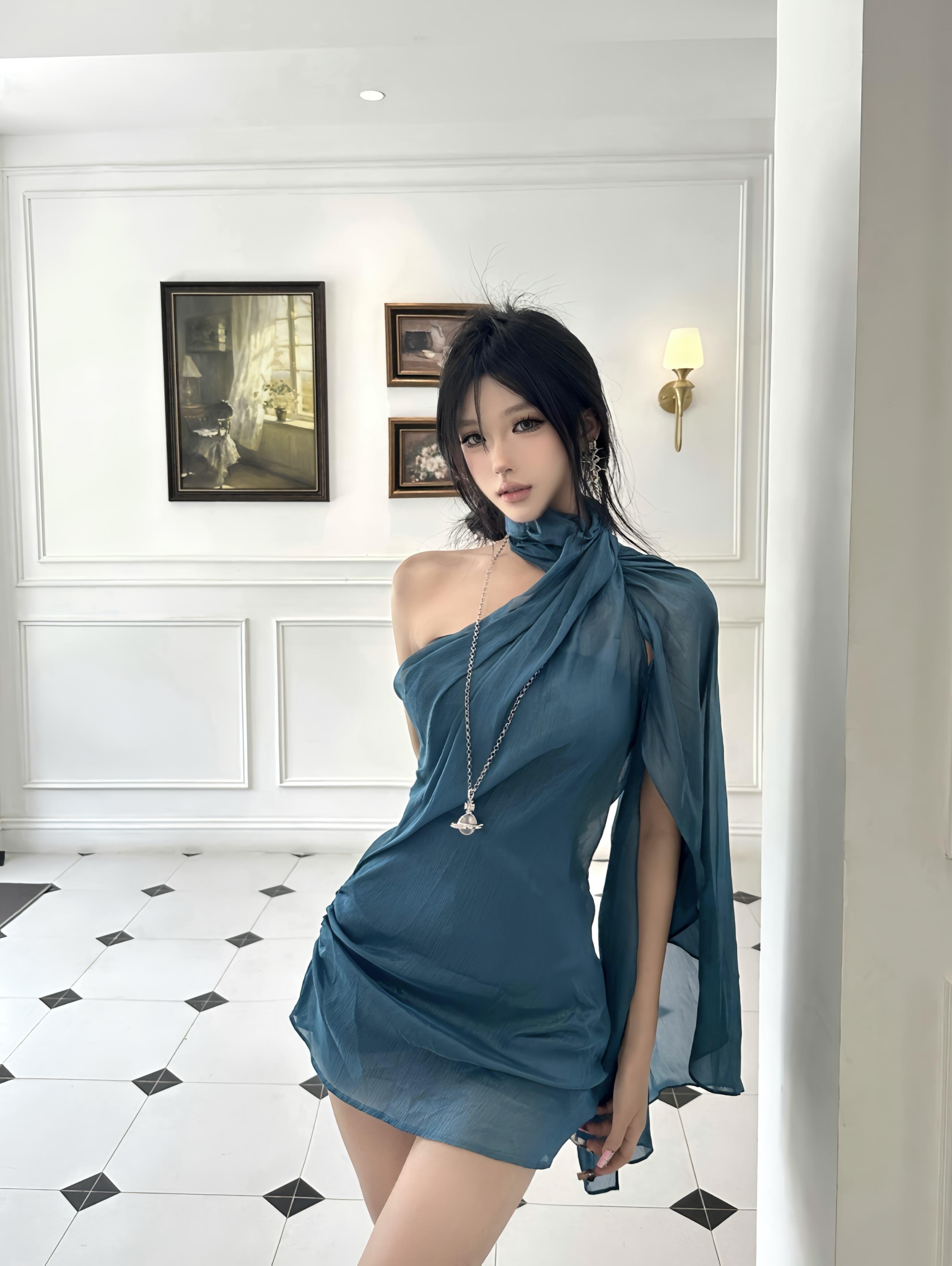 Blue Halter Neck Dress with Sleeves for Women - Sexy Slim Fit Off-Shoulder Summer Dress, Flattering Flowing Design, 2025 Fashion Trend Blue Halter Neck Dress with Sleeves for Women - Sexy Slim Fit Off-Shoulder Summer Dress, Flattering Flowing Design, 2025 Fashion Trend