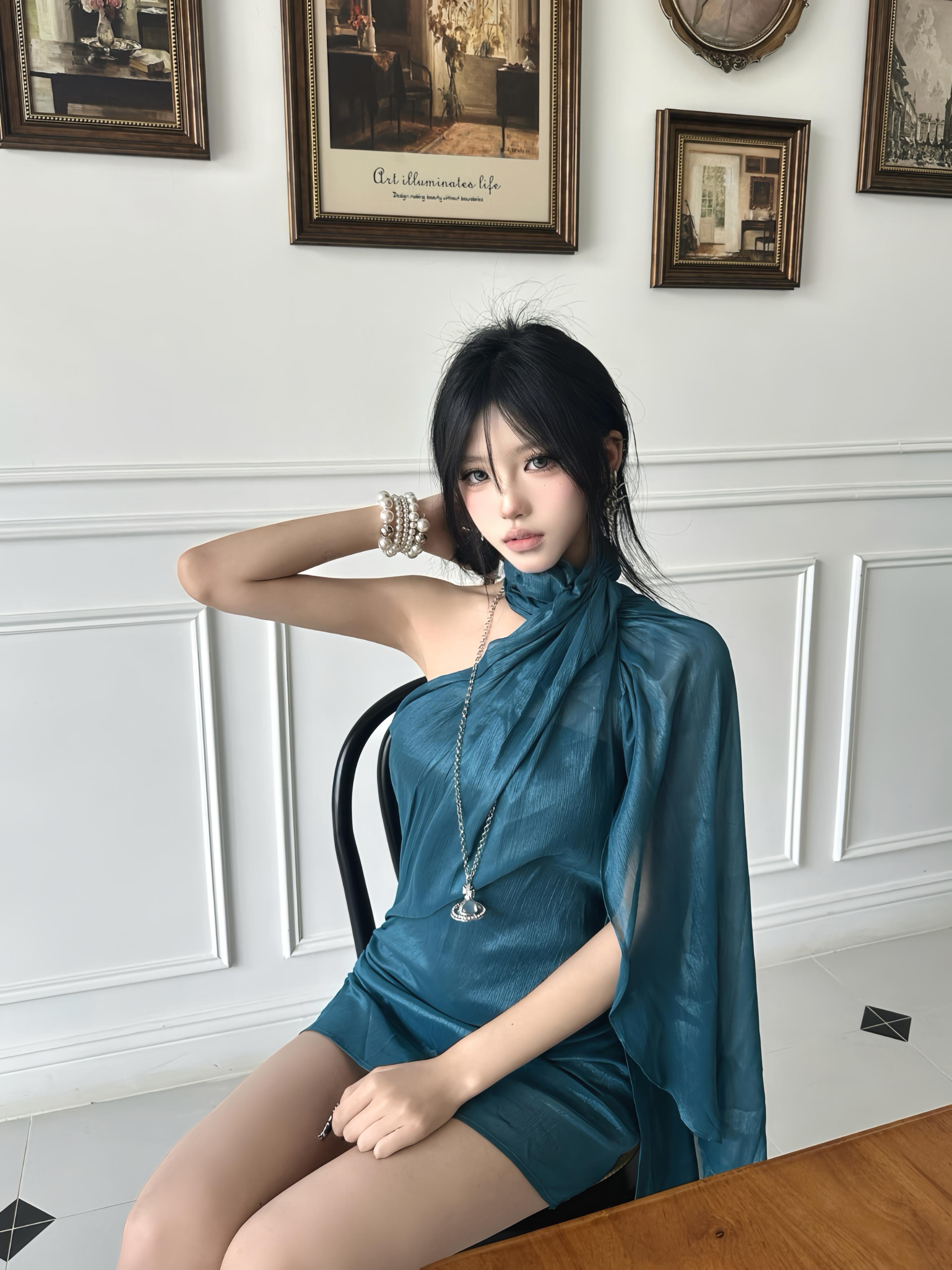 Blue Halter Neck Dress with Sleeves for Women - Sexy Slim Fit Off-Shoulder Summer Dress, Flattering Flowing Design, 2025 Fashion Trend Blue Halter Neck Dress with Sleeves for Women - Sexy Slim Fit Off-Shoulder Summer Dress, Flattering Flowing Design, 2025 Fashion Trend