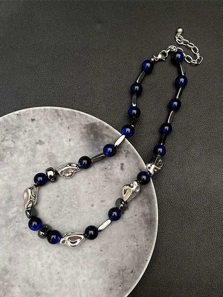 Blue Irregular Bead Necklace for Women - Light Luxury Choker, Unique Clavicle Chain, High-End Fashion Accessory Blue Irregular Bead Necklace for Women - Light Luxury Choker, Unique Clavicle Chain, High-End Fashion Accessory