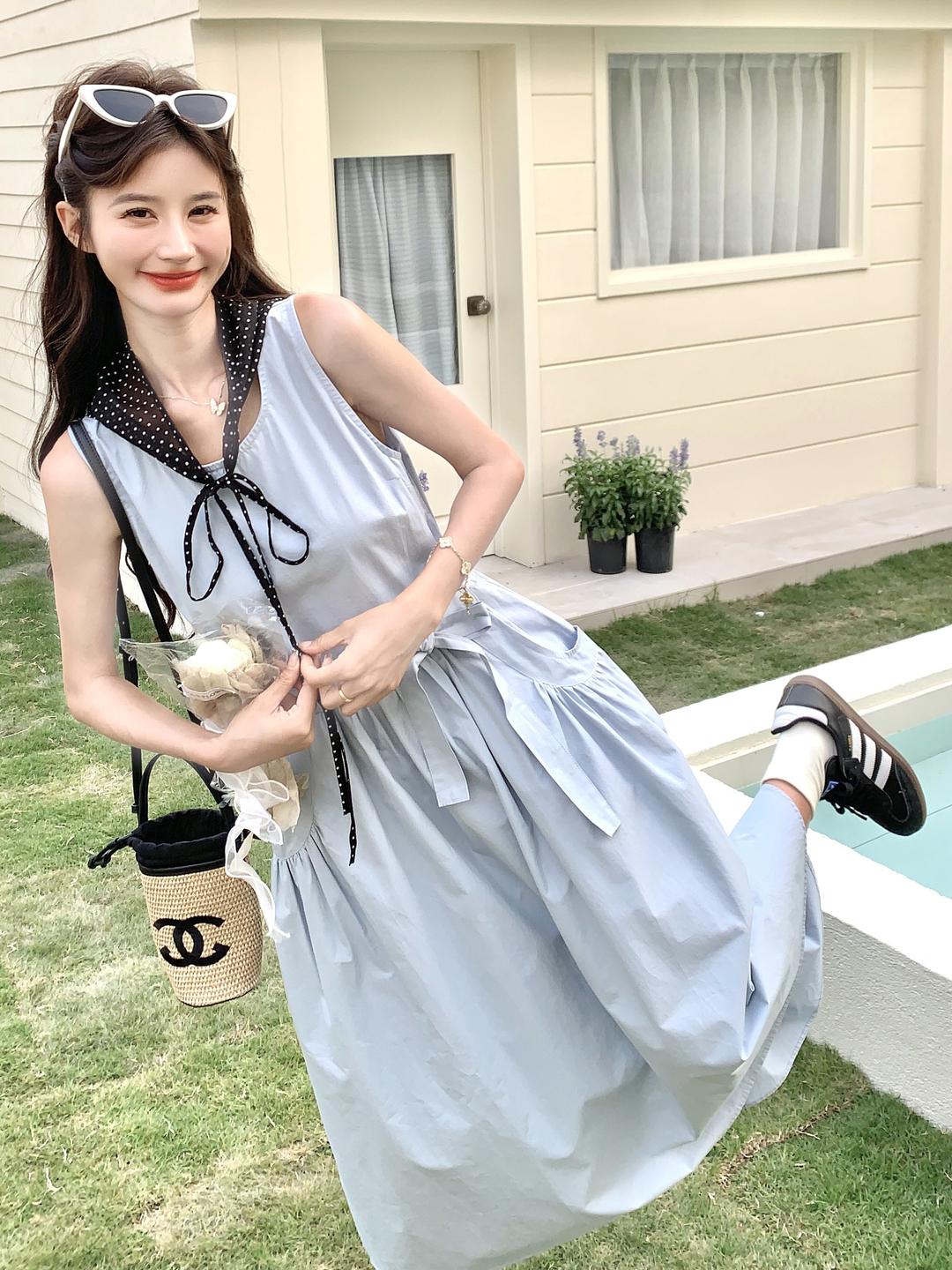 Blue Korean-Style Lace-Up Dress for Women - Stylish Casual Summer 2025 Tank Dress with Temperament Design, Age-Reducing Look Blue Korean-Style Lace-Up Dress for Women - Stylish Casual Summer 2025 Tank Dress with Temperament Design, Age-Reducing Look