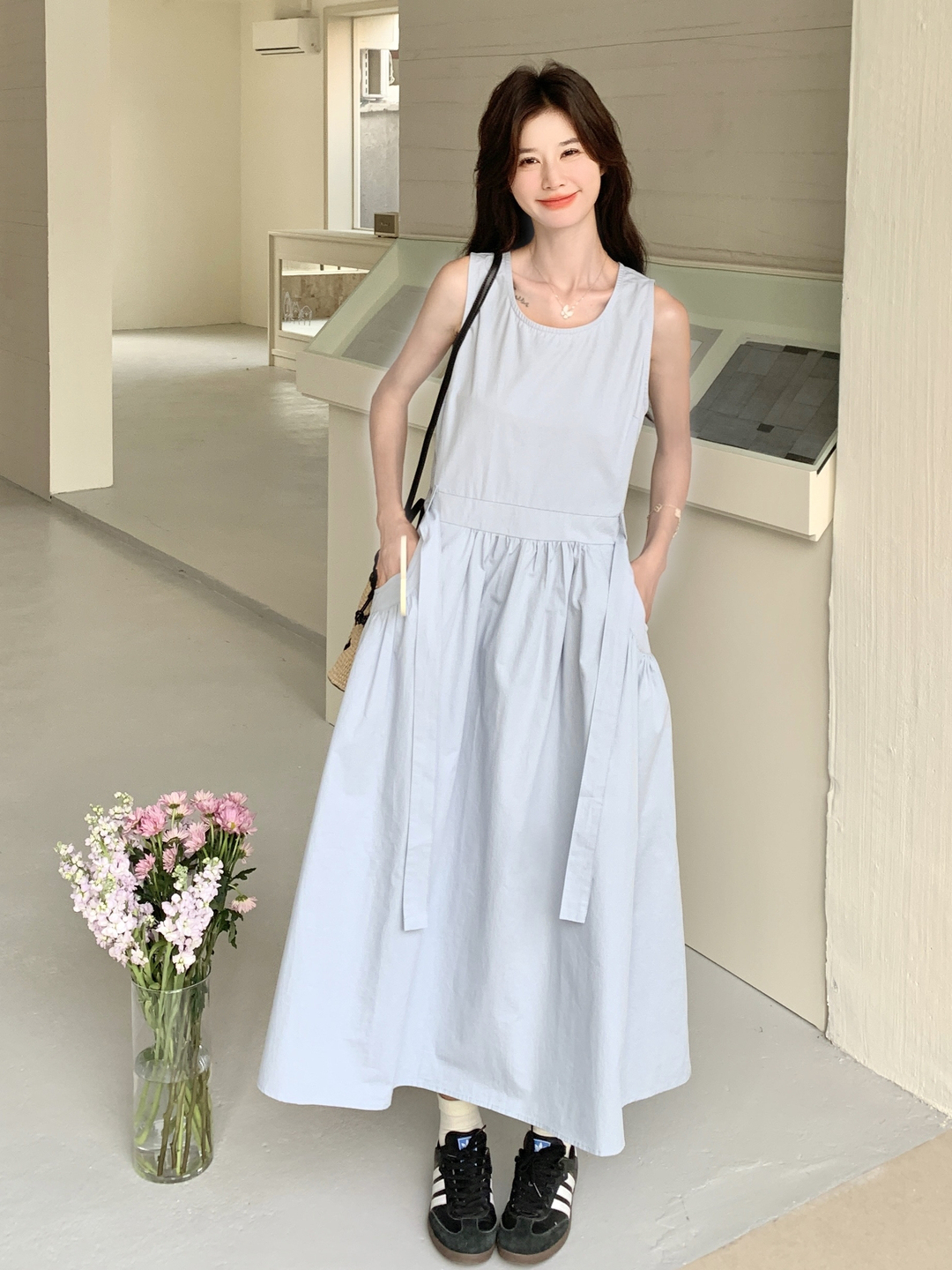 Blue Korean-Style Lace-Up Dress for Women - Stylish Casual Summer 2025 Tank Dress with Temperament Design, Age-Reducing Look Blue Korean-Style Lace-Up Dress for Women - Stylish Casual Summer 2025 Tank Dress with Temperament Design, Age-Reducing Look