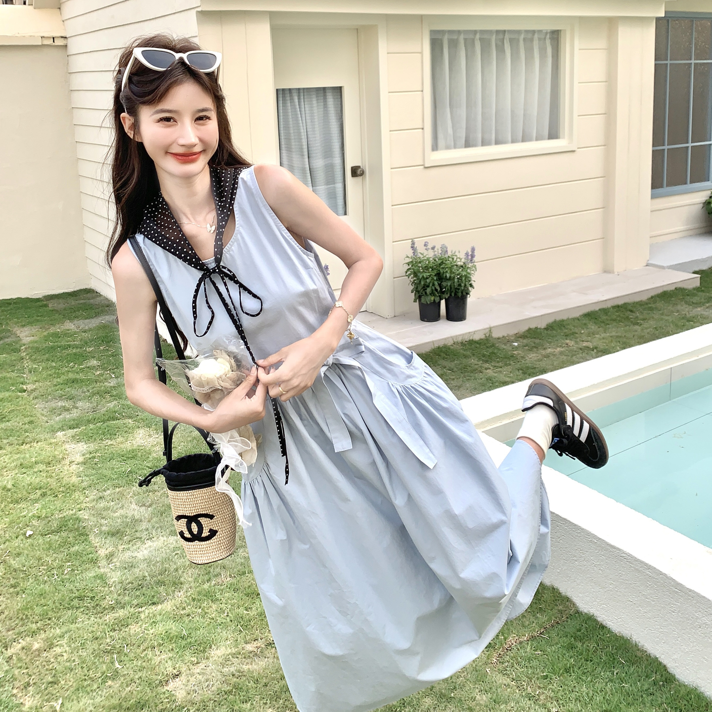 Blue Korean-Style Lace-Up Dress for Women - Stylish Casual Summer 2025 Tank Dress with Temperament Design, Age-Reducing Look