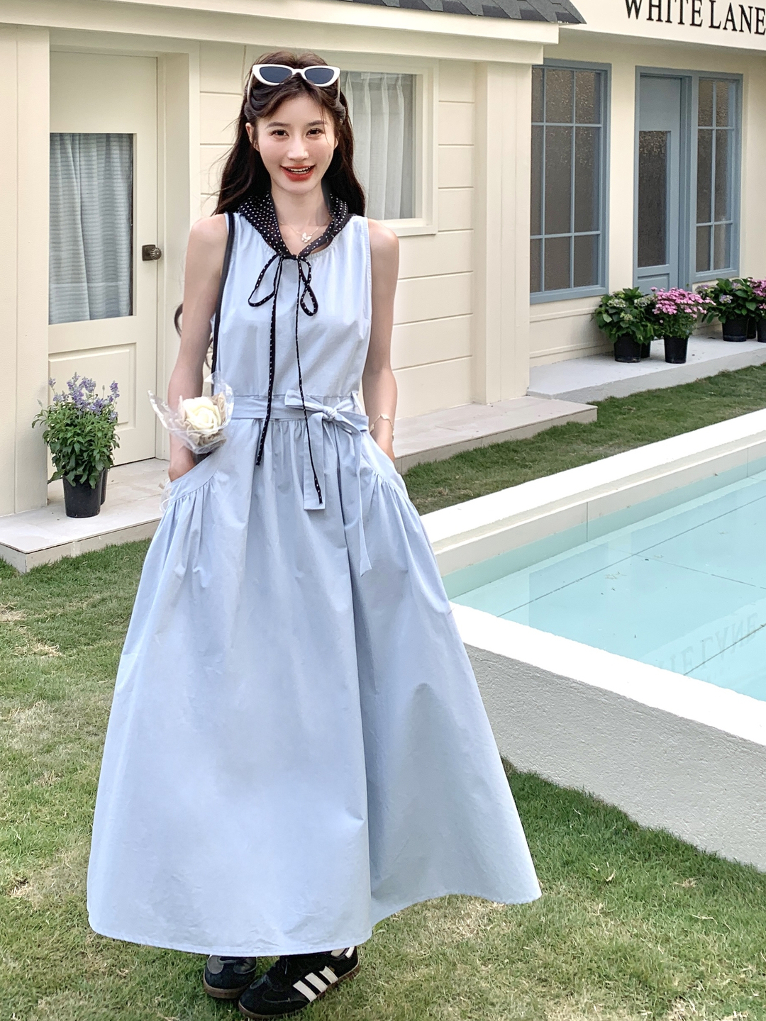 Blue Korean-Style Lace-Up Dress for Women - Stylish Casual Summer 2025 Tank Dress with Temperament Design, Age-Reducing Look Blue Korean-Style Lace-Up Dress for Women - Stylish Casual Summer 2025 Tank Dress with Temperament Design, Age-Reducing Look