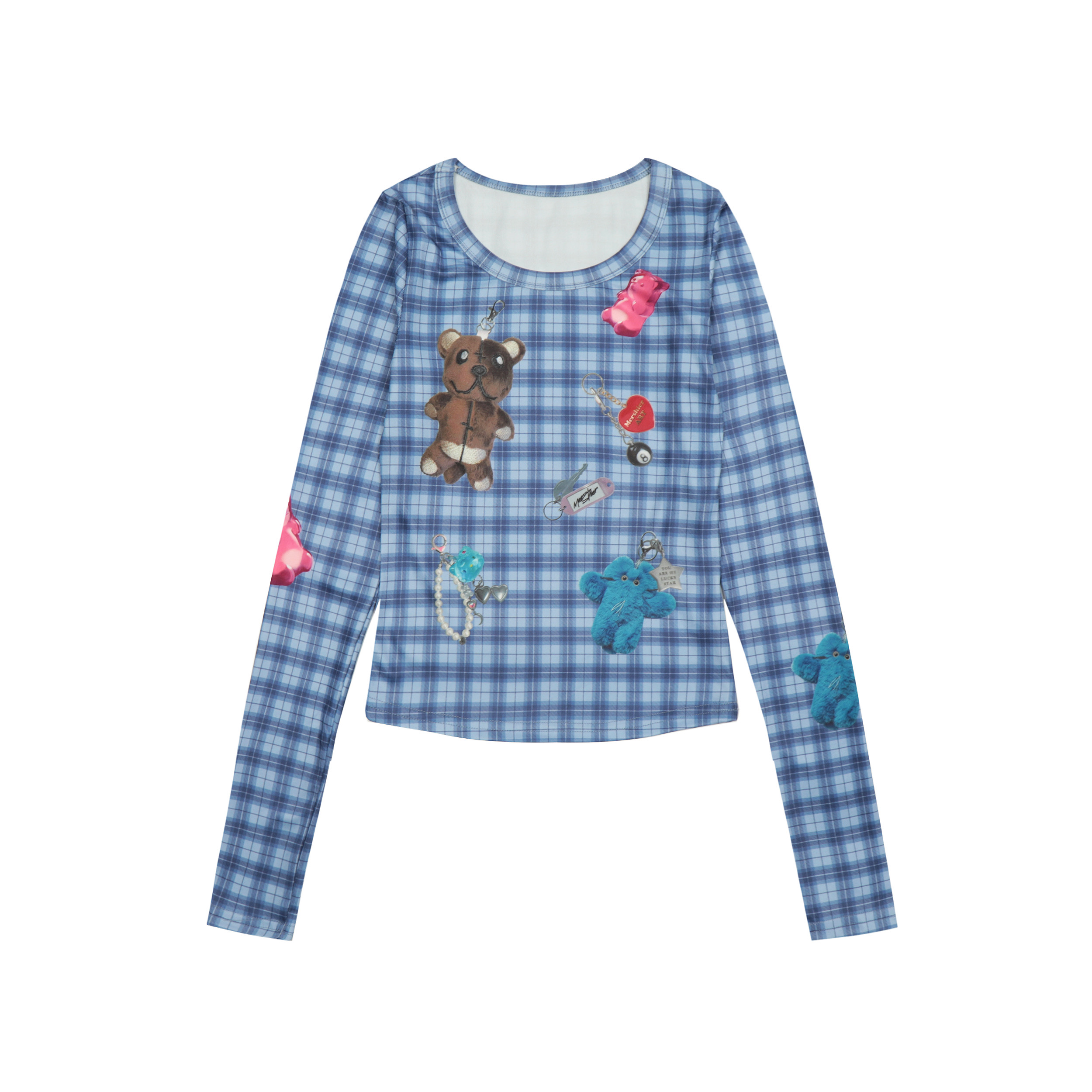 Blue Plaid Long Sleeve T-Shirt with Cute Bear Print, Slim Fit Summer Style for a Spicy Heat Look