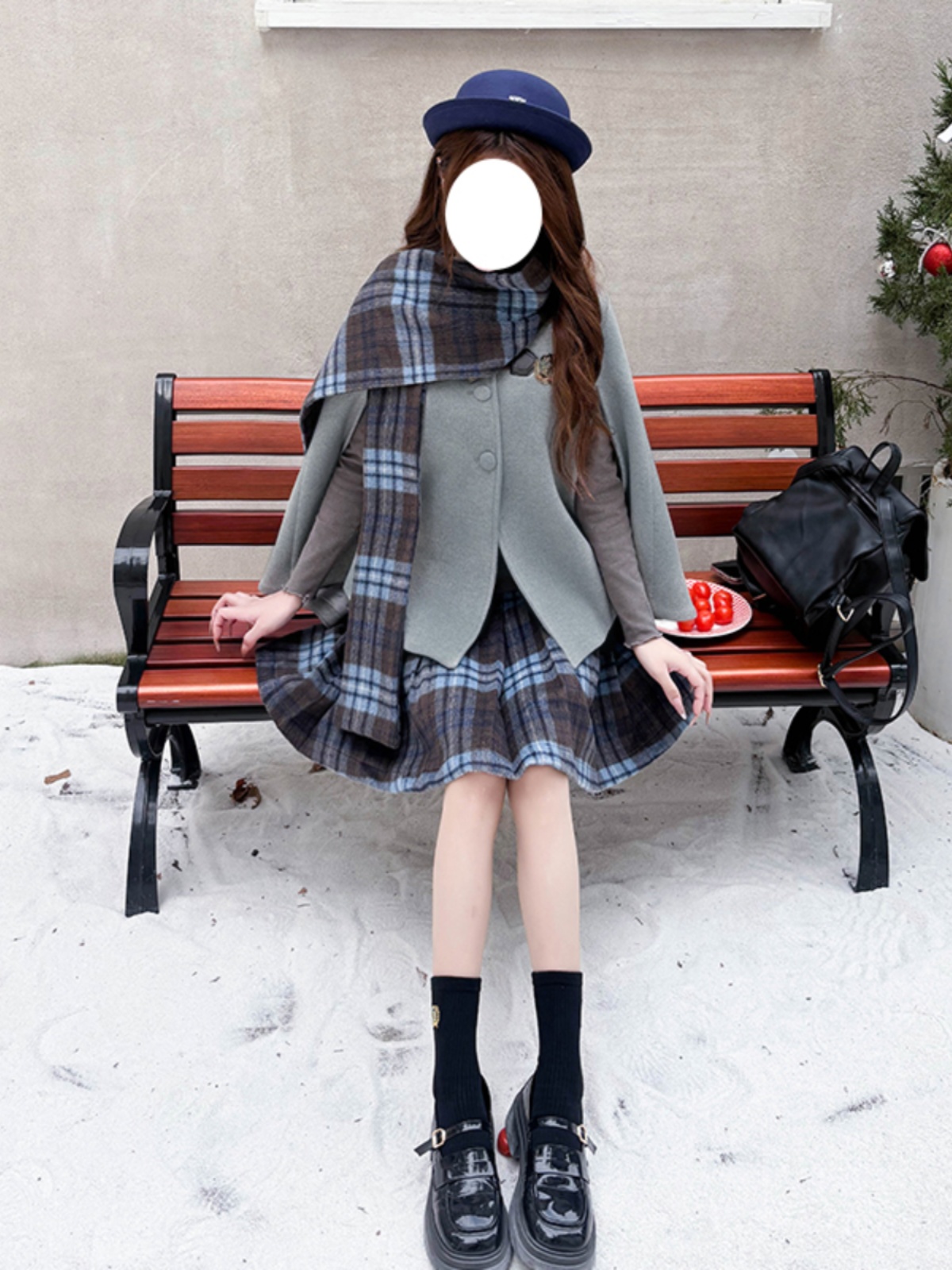 Blue Plaid Woolen Cloak Set with Scarf and Collar - Autumn Winter JK Uniform Style Fashion Cape for a Cozy Look Blue Plaid Woolen Cloak Set with Scarf and Collar - Autumn Winter JK Uniform Style Fashion Cape for a Cozy Look