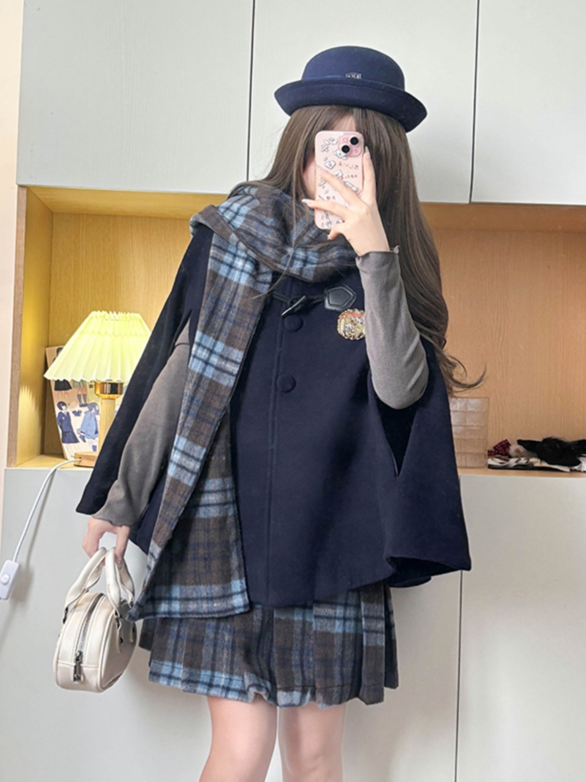 Blue Plaid Woolen Cloak Set with Scarf and Collar - Autumn Winter JK Uniform Style Fashion Cape for a Cozy Look Blue Plaid Woolen Cloak Set with Scarf and Collar - Autumn Winter JK Uniform Style Fashion Cape for a Cozy Look