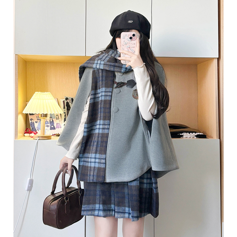 Blue Plaid Woolen Cloak Set with Scarf and Collar - Autumn Winter JK Uniform Style Fashion Cape for a Cozy Look Blue Plaid Woolen Cloak Set with Scarf and Collar - Autumn Winter JK Uniform Style Fashion Cape for a Cozy Look