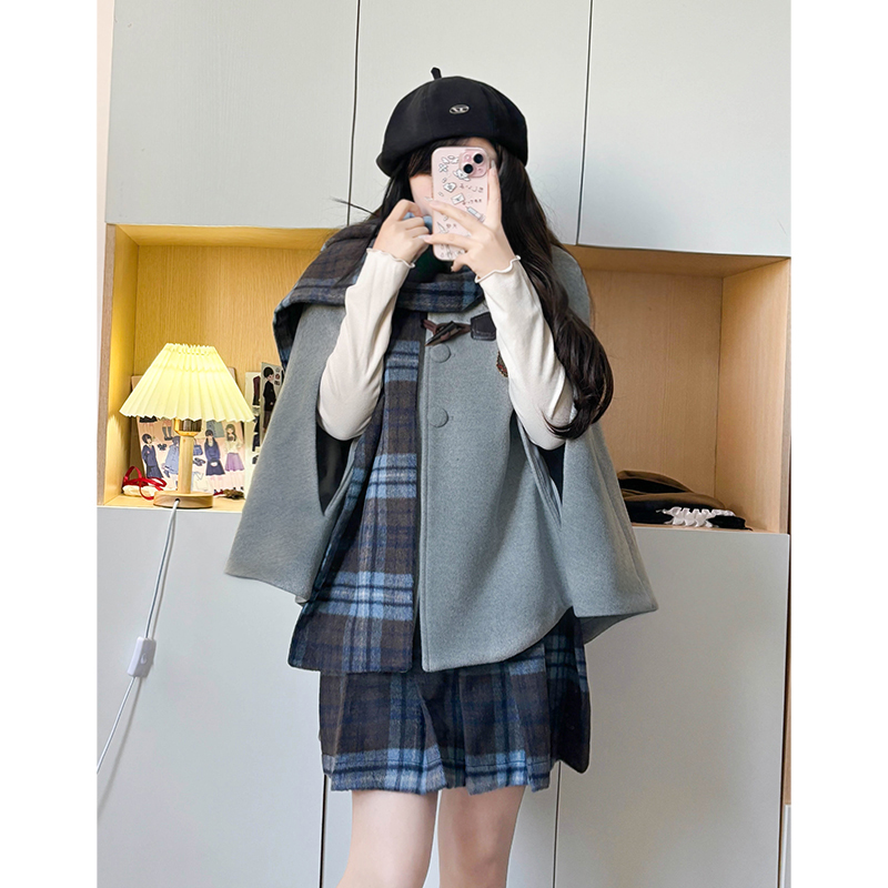 Blue Plaid Woolen Cloak Set with Scarf and Collar - Autumn Winter JK Uniform Style Fashion Cape for a Cozy Look Blue Plaid Woolen Cloak Set with Scarf and Collar - Autumn Winter JK Uniform Style Fashion Cape for a Cozy Look