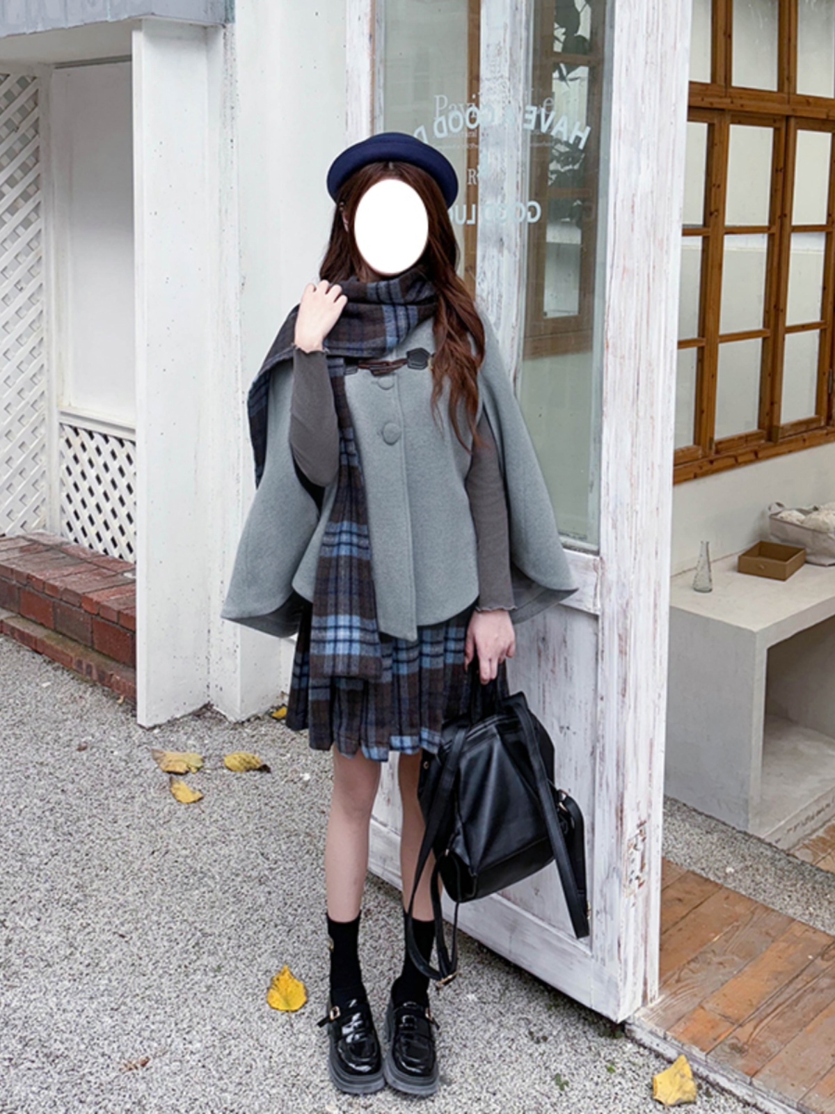 Blue Plaid Woolen Cloak Set with Scarf and Collar - Autumn Winter JK Uniform Style Fashion Cape for a Cozy Look Blue Plaid Woolen Cloak Set with Scarf and Collar - Autumn Winter JK Uniform Style Fashion Cape for a Cozy Look