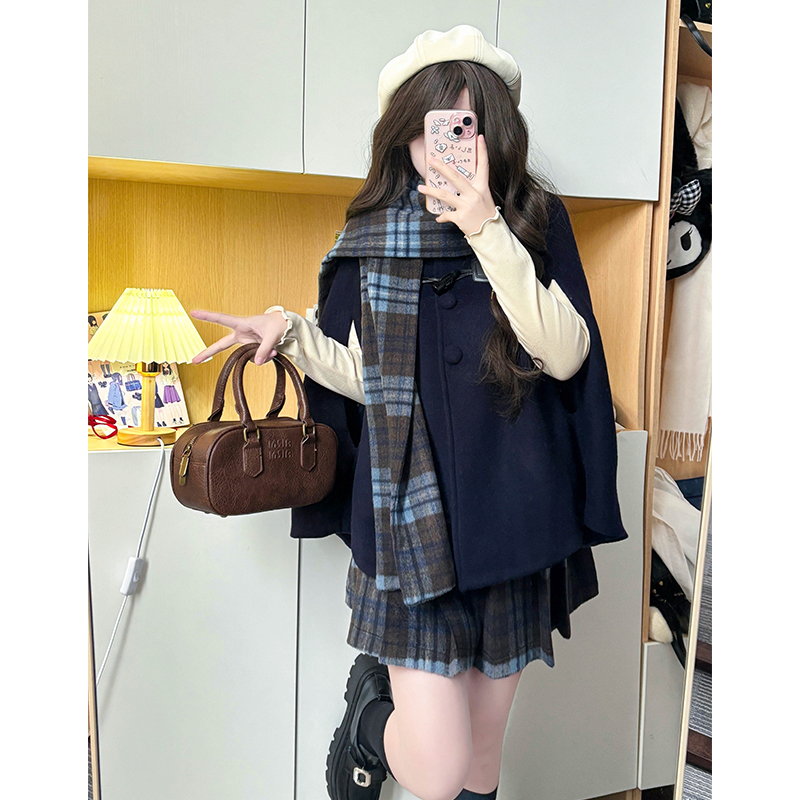 Blue Plaid Woolen Cloak Set with Scarf and Collar - Autumn Winter JK Uniform Style Fashion Cape for a Cozy Look Blue Plaid Woolen Cloak Set with Scarf and Collar - Autumn Winter JK Uniform Style Fashion Cape for a Cozy Look