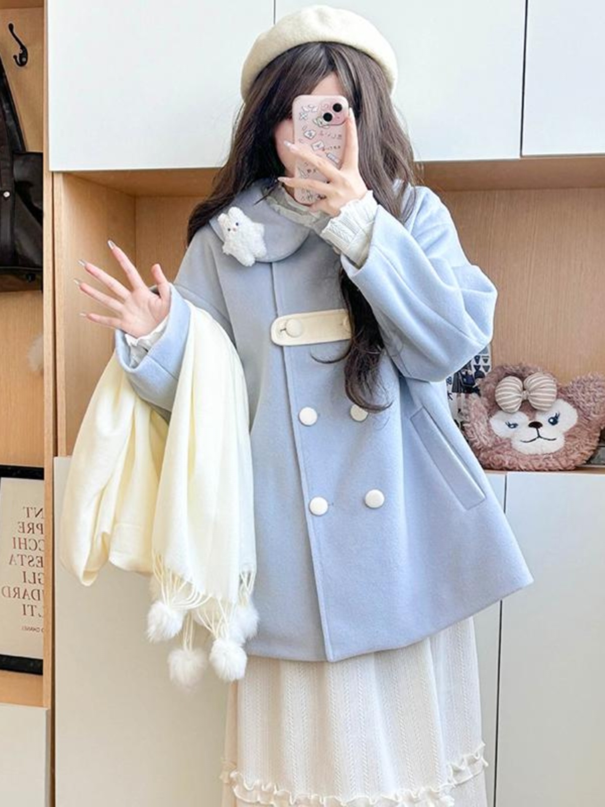 Blue Pudding Bear JK Uniform Woolen Winter Coat - Cute Double-Breasted Doll Collar, Loose Fit, Kawaii Style Blue Pudding Bear JK Uniform Woolen Winter Coat - Cute Double-Breasted Doll Collar, Loose Fit, Kawaii Style