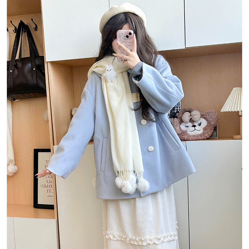 Blue Pudding Bear JK Uniform Woolen Winter Coat - Cute Double-Breasted Doll Collar, Loose Fit, Kawaii Style Blue Pudding Bear JK Uniform Woolen Winter Coat - Cute Double-Breasted Doll Collar, Loose Fit, Kawaii Style