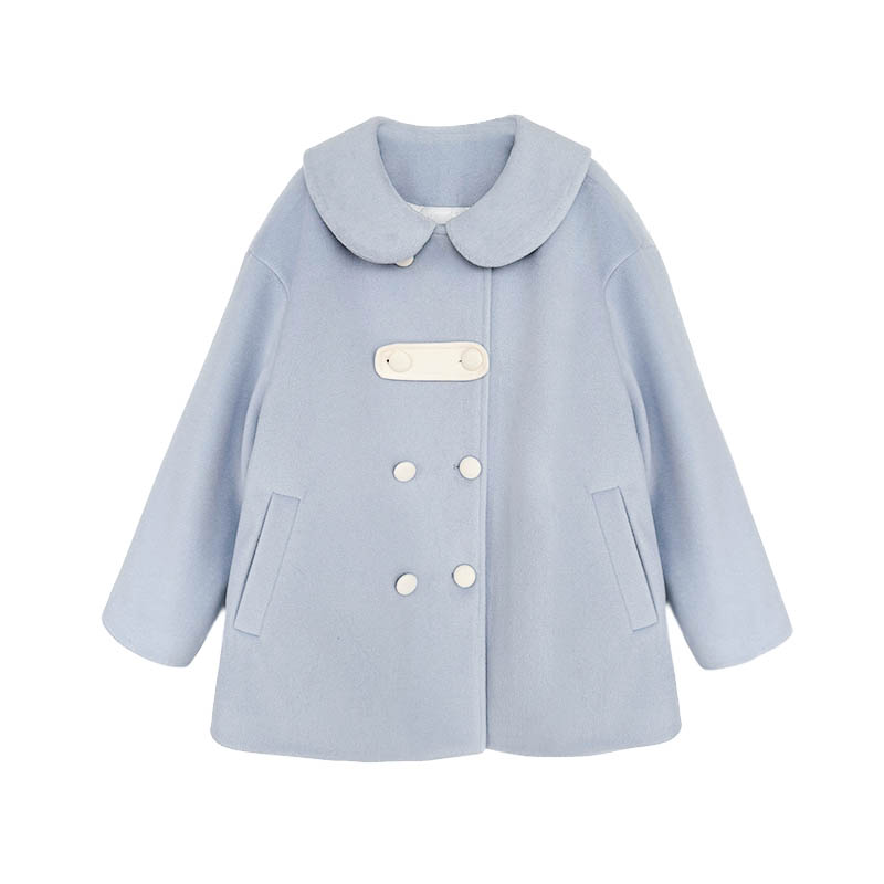 Blue Pudding Bear JK Uniform Woolen Winter Coat - Cute Double-Breasted Doll Collar, Loose Fit, Kawaii Style Blue Pudding Bear JK Uniform Woolen Winter Coat - Cute Double-Breasted Doll Collar, Loose Fit, Kawaii Style