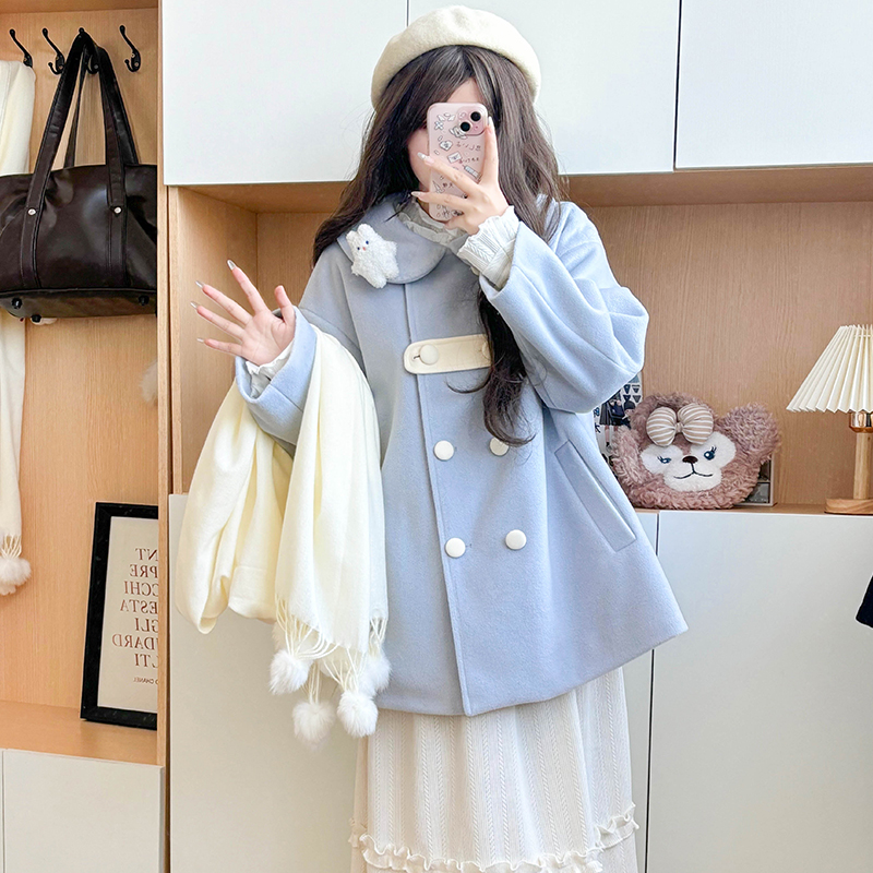 Blue Pudding Bear JK Uniform Woolen Winter Coat - Cute Double-Breasted Doll Collar, Loose Fit, Kawaii Style Blue Pudding Bear JK Uniform Woolen Winter Coat - Cute Double-Breasted Doll Collar, Loose Fit, Kawaii Style