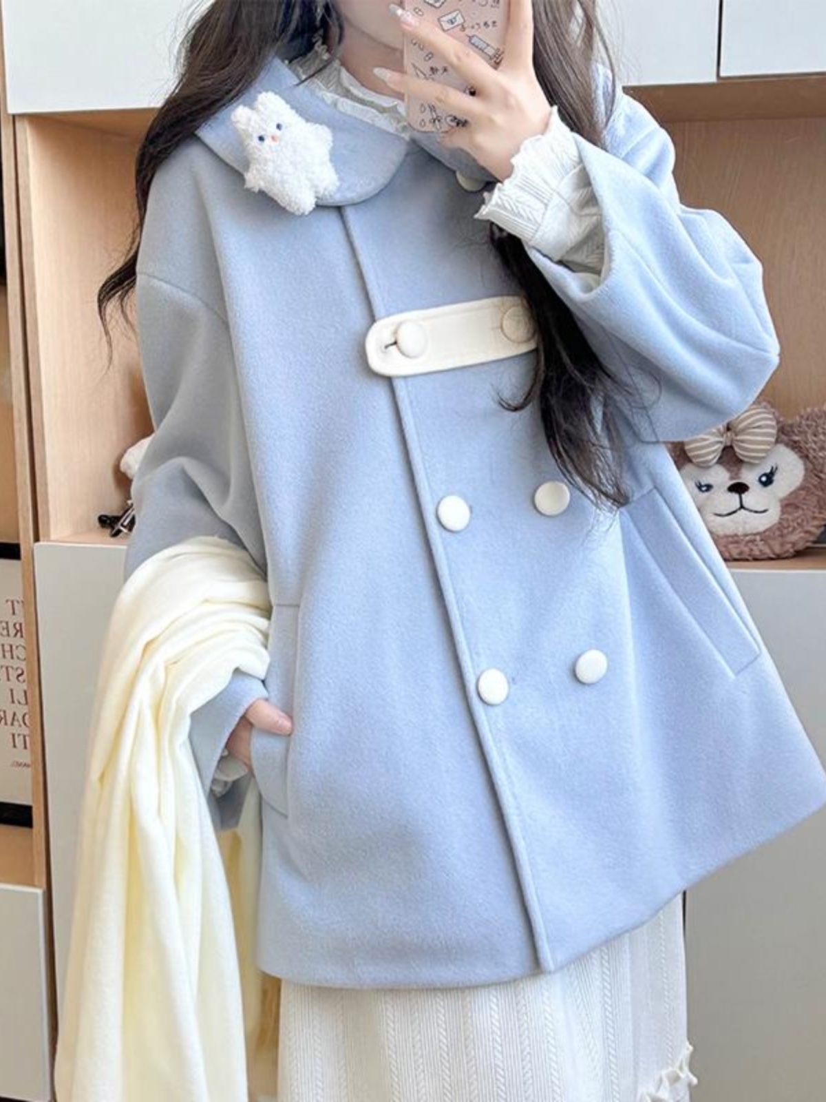 Blue Pudding Bear JK Uniform Woolen Winter Coat - Cute Double-Breasted Doll Collar, Loose Fit, Kawaii Style Blue Pudding Bear JK Uniform Woolen Winter Coat - Cute Double-Breasted Doll Collar, Loose Fit, Kawaii Style