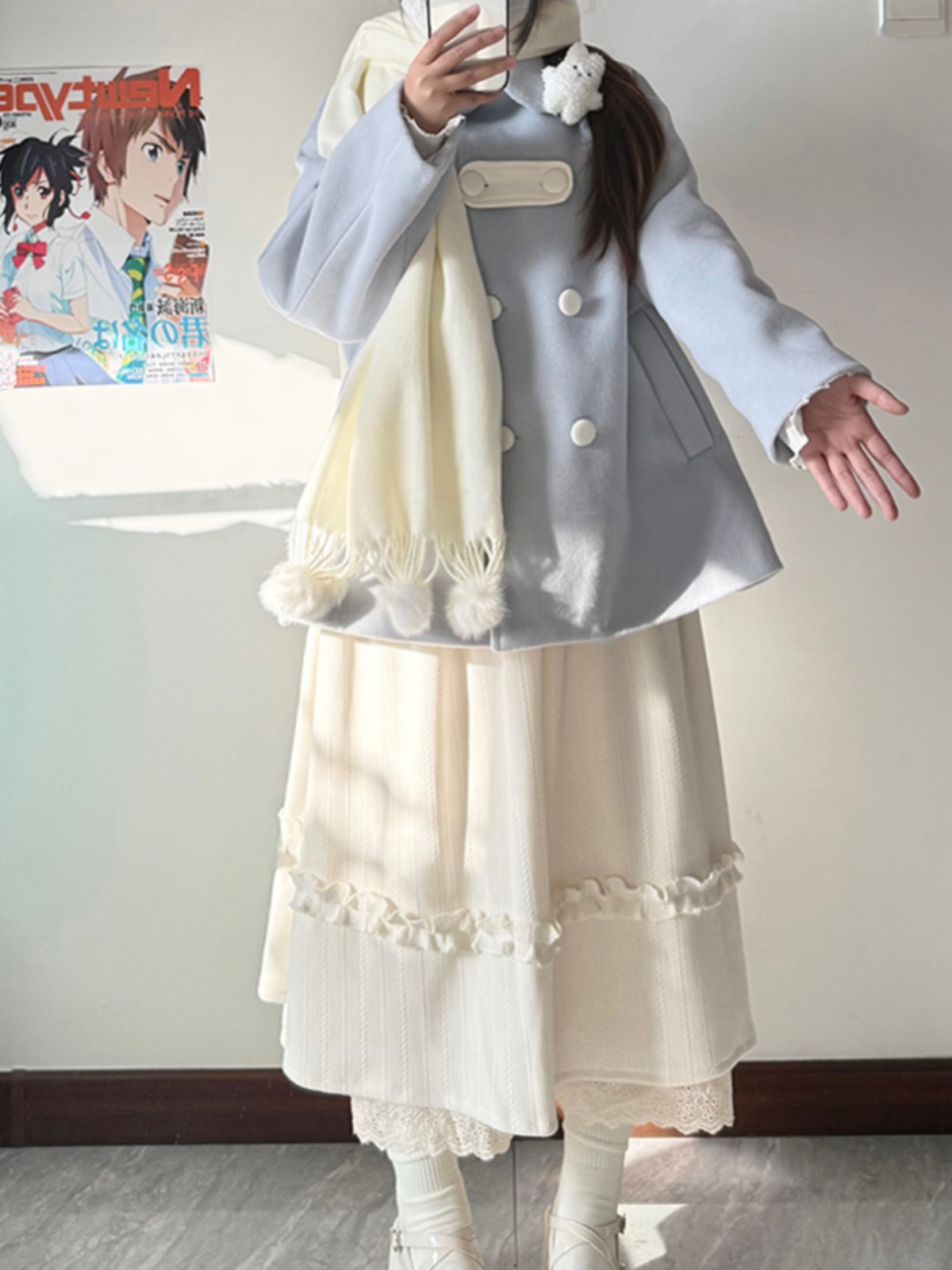 Blue Pudding Bear JK Uniform Woolen Winter Coat - Cute Double-Breasted Doll Collar, Loose Fit, Kawaii Style Blue Pudding Bear JK Uniform Woolen Winter Coat - Cute Double-Breasted Doll Collar, Loose Fit, Kawaii Style