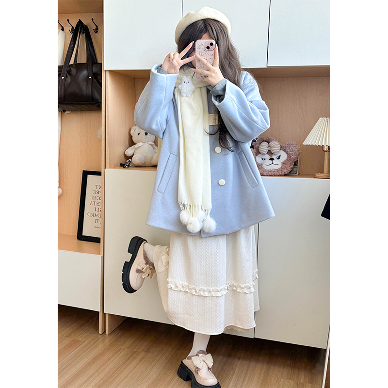 Blue Pudding Bear JK Uniform Woolen Winter Coat - Cute Double-Breasted Doll Collar, Loose Fit, Kawaii Style