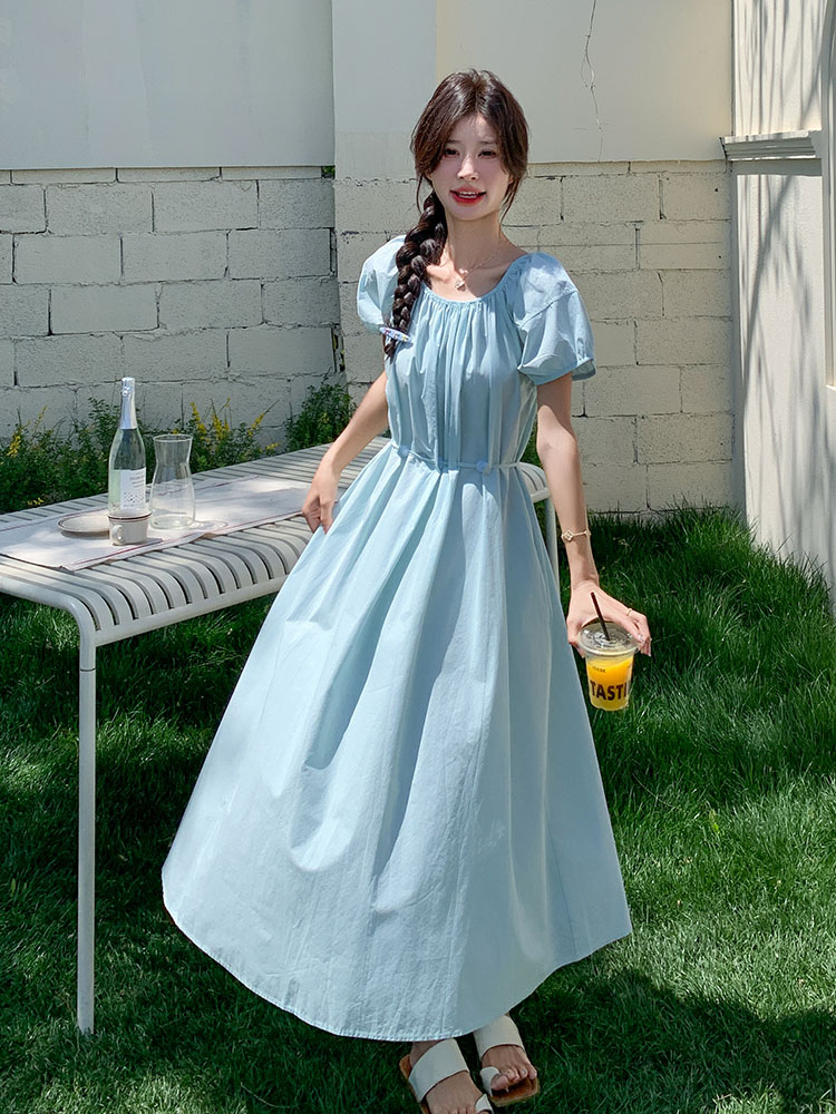 Blue Puff Sleeve Dress for Women - 2025 Summer A-Line Style with Tie Waist, Slimming Design, Pure and Gentle Look