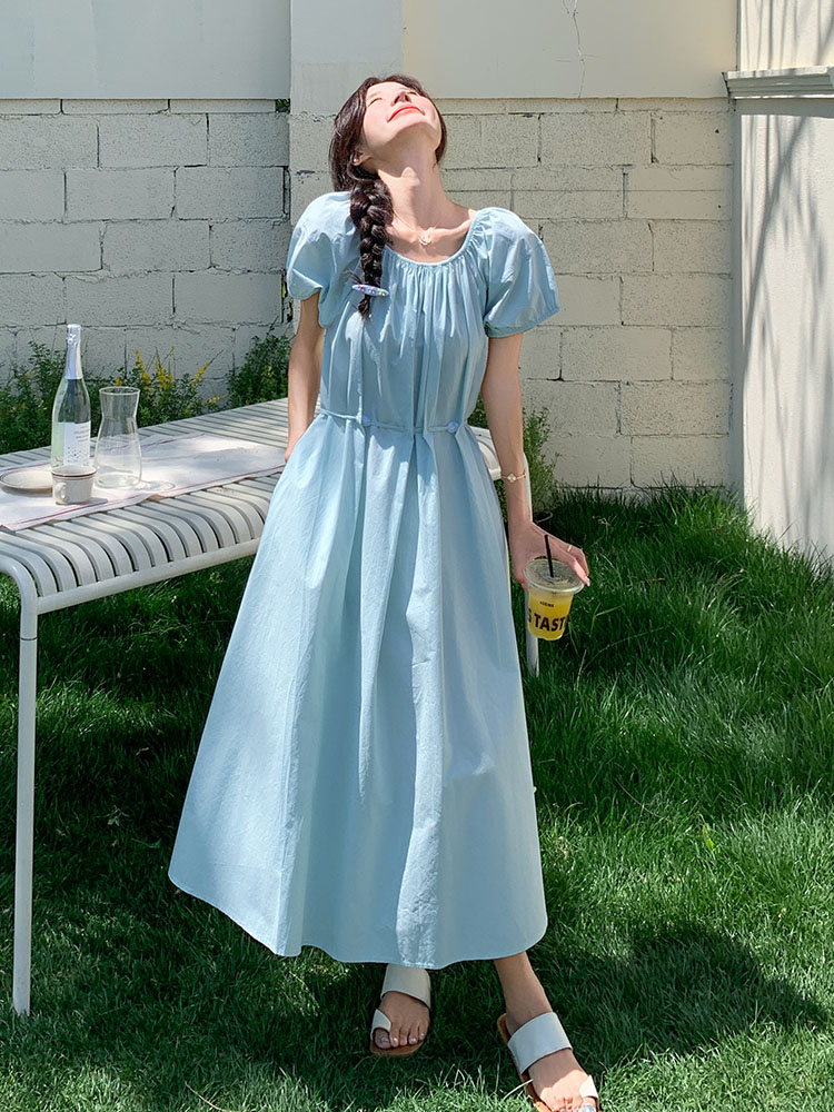 Blue Puff Sleeve Dress for Women - 2025 Summer A-Line Style with Tie Waist, Slimming Design, Pure and Gentle Look Blue Puff Sleeve Dress for Women - 2025 Summer A-Line Style with Tie Waist, Slimming Design, Pure and Gentle Look