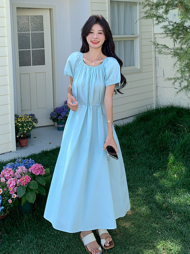 Blue Puff Sleeve Dress for Women - 2025 Summer A-Line Style with Tie Waist, Slimming Design, Pure and Gentle Look Blue Puff Sleeve Dress for Women - 2025 Summer A-Line Style with Tie Waist, Slimming Design, Pure and Gentle Look