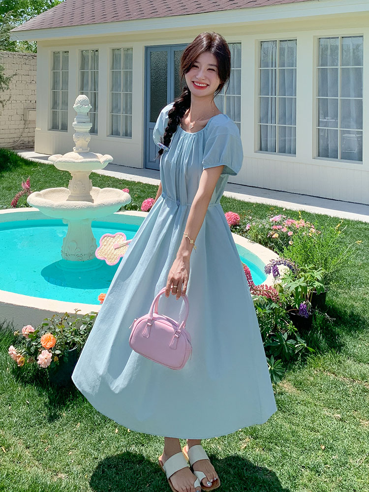 Blue Puff Sleeve Dress for Women - 2025 Summer A-Line Style with Tie Waist, Slimming Design, Pure and Gentle Look Blue Puff Sleeve Dress for Women - 2025 Summer A-Line Style with Tie Waist, Slimming Design, Pure and Gentle Look