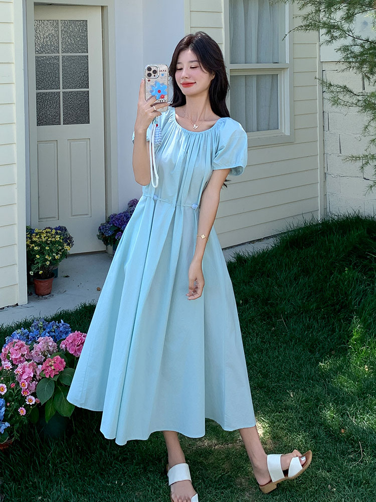 Blue Puff Sleeve Dress for Women - 2025 Summer A-Line Style with Tie Waist, Slimming Design, Pure and Gentle Look Blue Puff Sleeve Dress for Women - 2025 Summer A-Line Style with Tie Waist, Slimming Design, Pure and Gentle Look