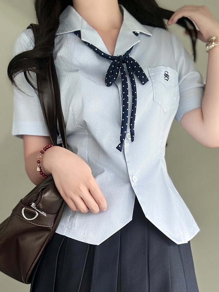 Blue Striped Open-Front Embroidered Shirt - Pudding Bear JK Uniform College Style Waist-Cinching Summer Top Blue Striped Open-Front Embroidered Shirt - Pudding Bear JK Uniform College Style Waist-Cinching Summer Top