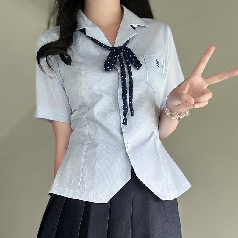 Blue Striped Open-Front Embroidered Shirt - Pudding Bear JK Uniform College Style Waist-Cinching Summer Top