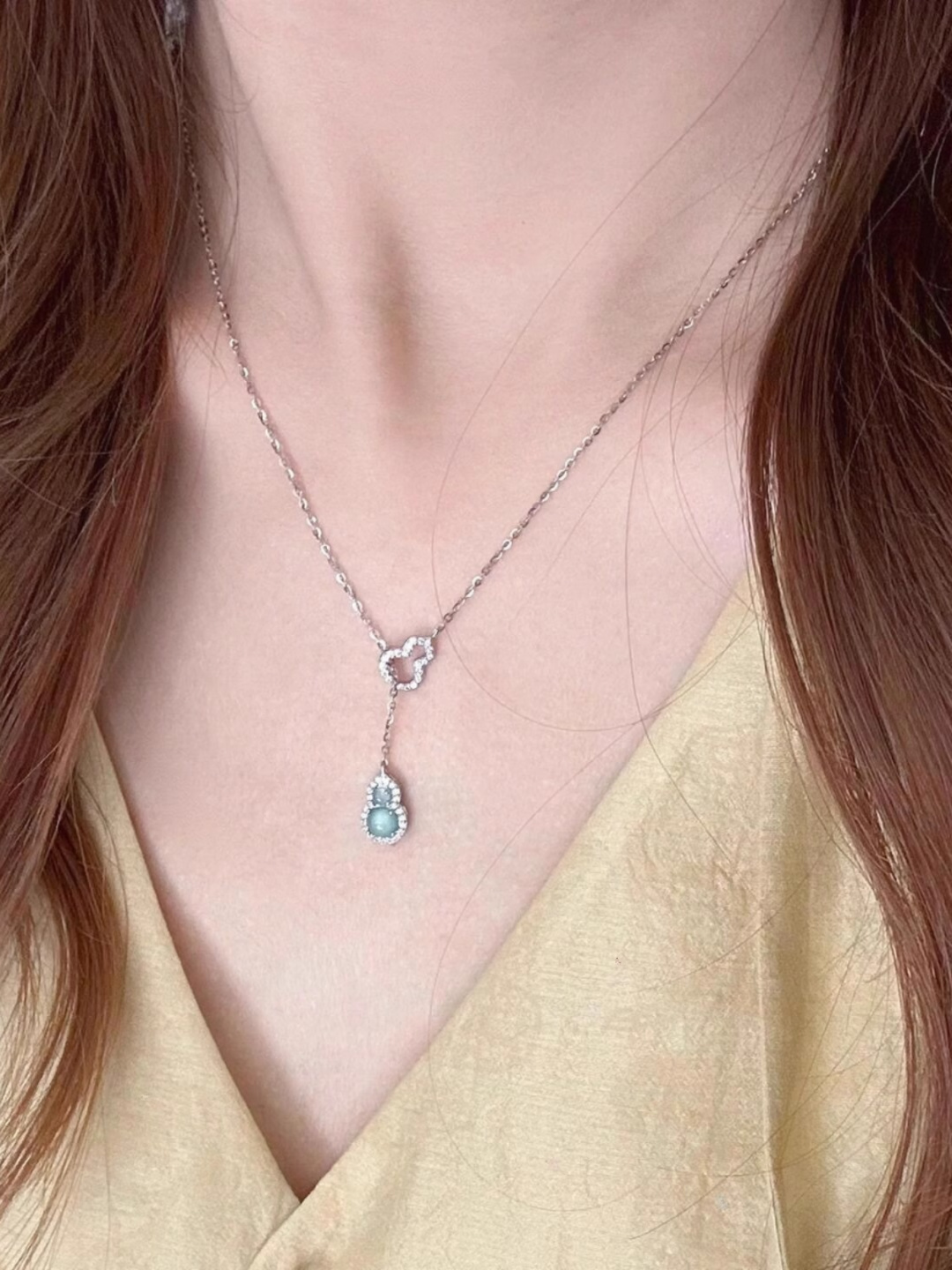 Blue Water Jade Gourd Necklace in S925 Silver - Chinese Style Cool Feeling Accessory for Modern Fashion Blue Water Jade Gourd Necklace in S925 Silver - Chinese Style Cool Feeling Accessory for Modern Fashion