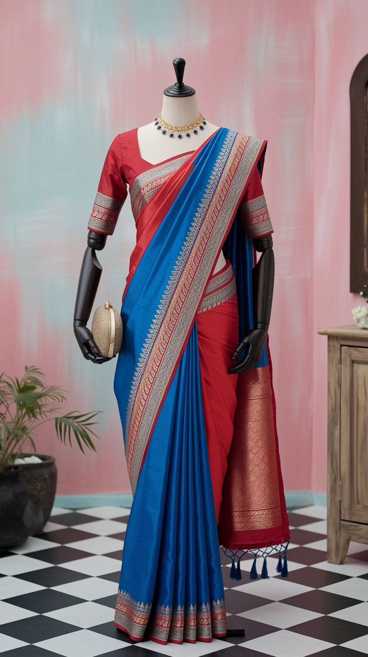 Blue and Red Saree: A Fusion of Tradition and Modernity outfit idea